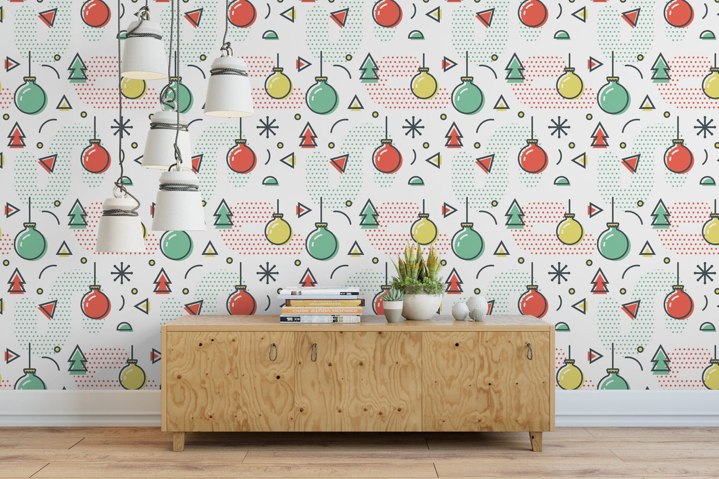 Memphis Style Christmas, Removable Wallpaper, Wall Art, Peel and Stick Wallpaper, Mural, Accent Wall Wallpaper, MW1649