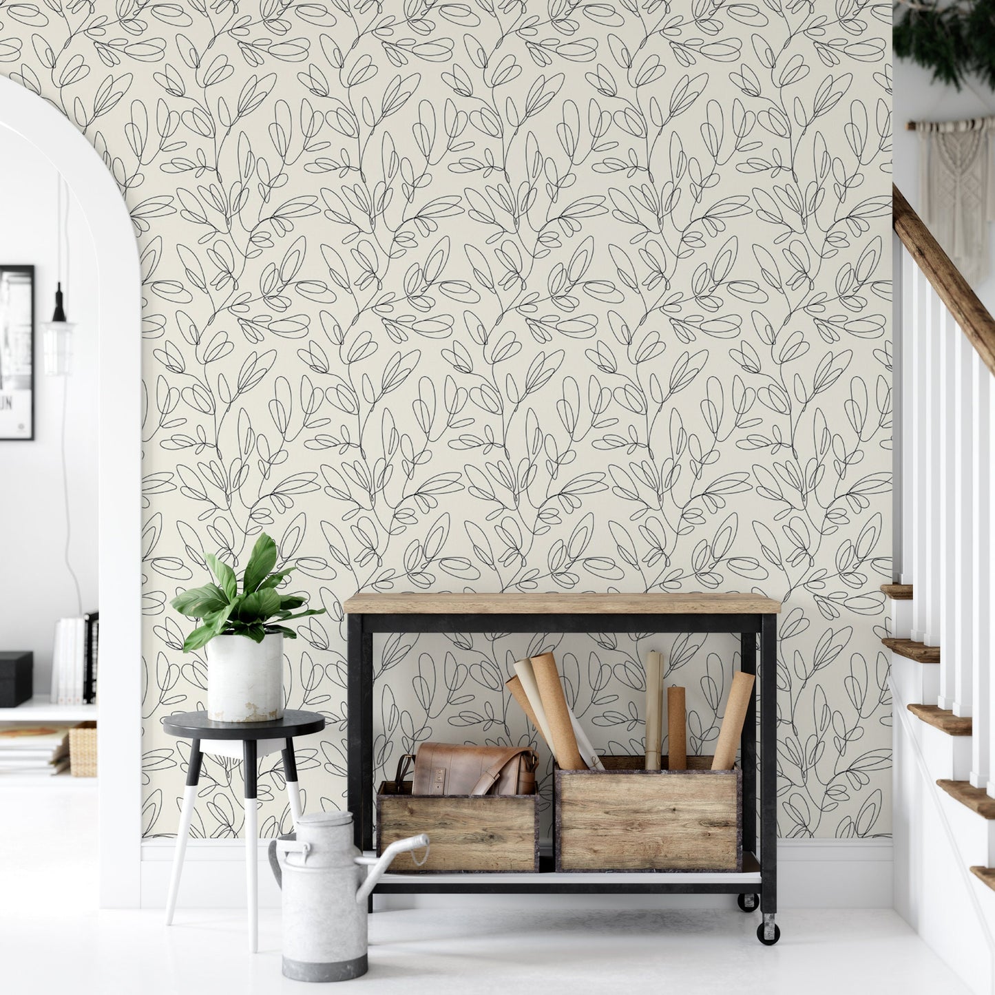 Modern Leaf Sketch Removable Wallpaper, Wall Art, Peel and Stick Wallpaper, Living Room, Room Decor, Black and Cream, Accent Wall, MW1477