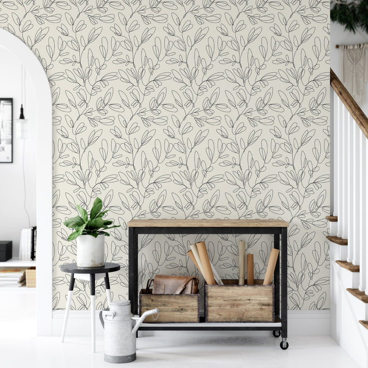 Modern Leaf Sketch Removable Wallpaper, Wall Art, Peel and Stick Wallpaper, Living Room, Room Decor, Black and Cream, Accent Wall, MW1477