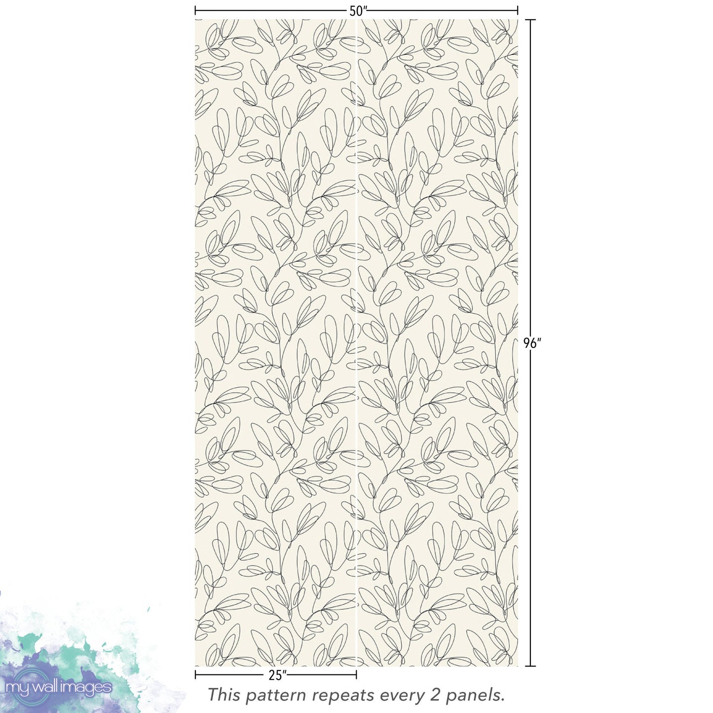 Modern Leaf Sketch Removable Wallpaper, Wall Art, Peel and Stick Wallpaper, Living Room, Room Decor, Black and Cream, Accent Wall, MW1477