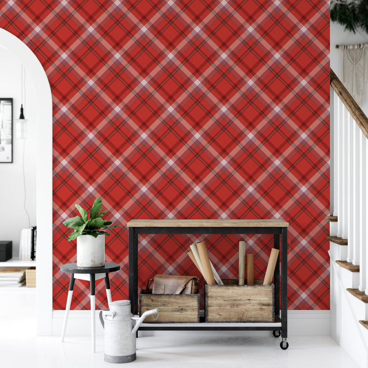 Plaid Christmas Red Plaid Removable Wallpaper, Wall Art, Peel and Stick Wallpaper, Wall Mural, Nursery, Room Decor, Accent, MW1643