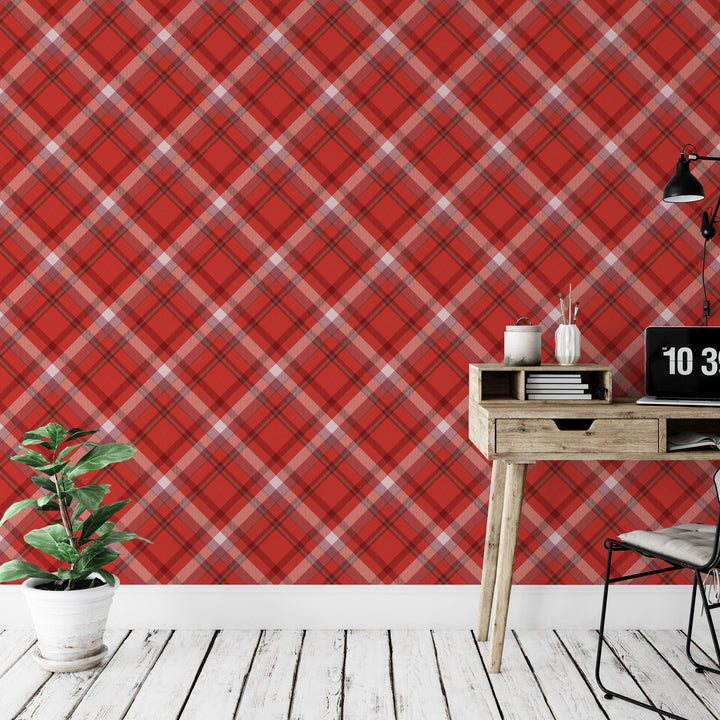 Plaid Christmas Red Plaid Removable Wallpaper, Wall Art, Peel and Stick Wallpaper, Wall Mural, Nursery, Room Decor, Accent, MW1643