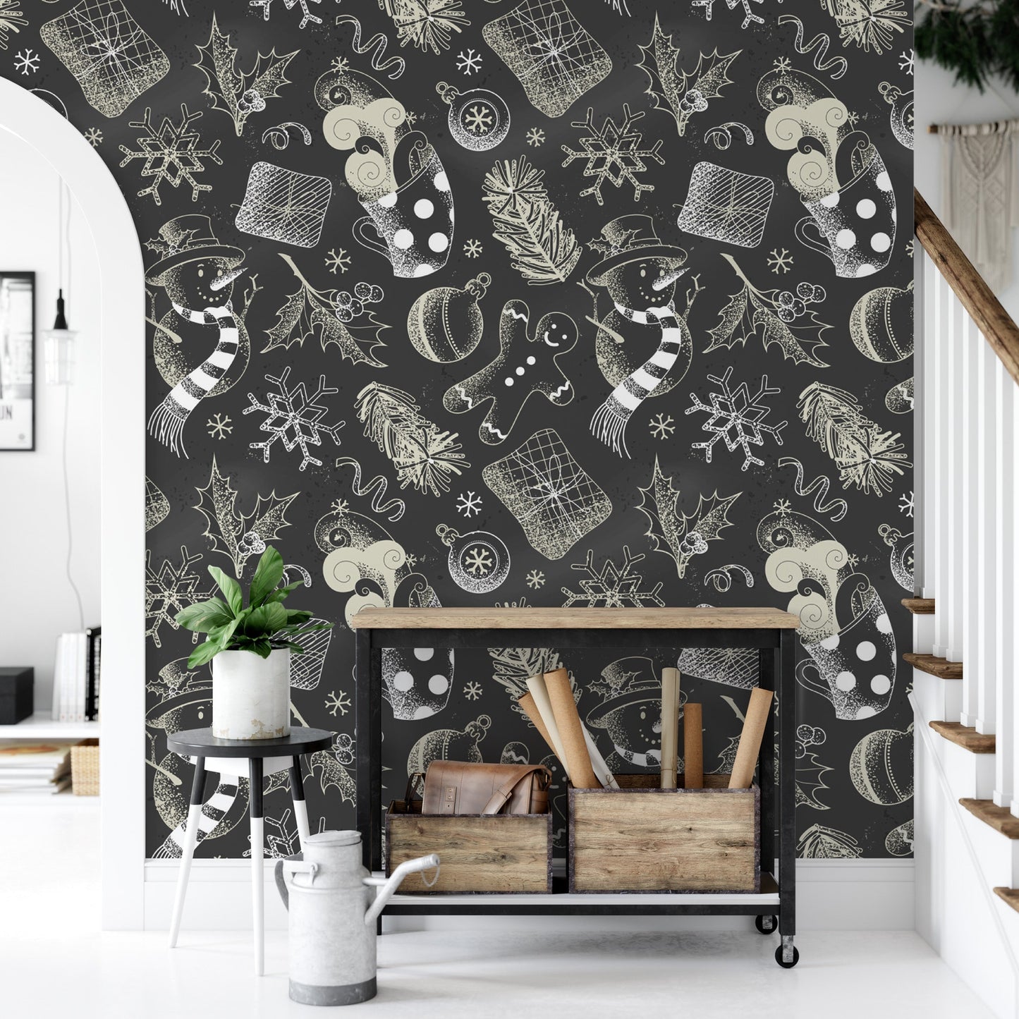 Black and White Christmas Chalkboard Removable Wallpaper, Wall Art, Peel and Stick Wallpaper, Accent Holiday Wallpaper, MW1644