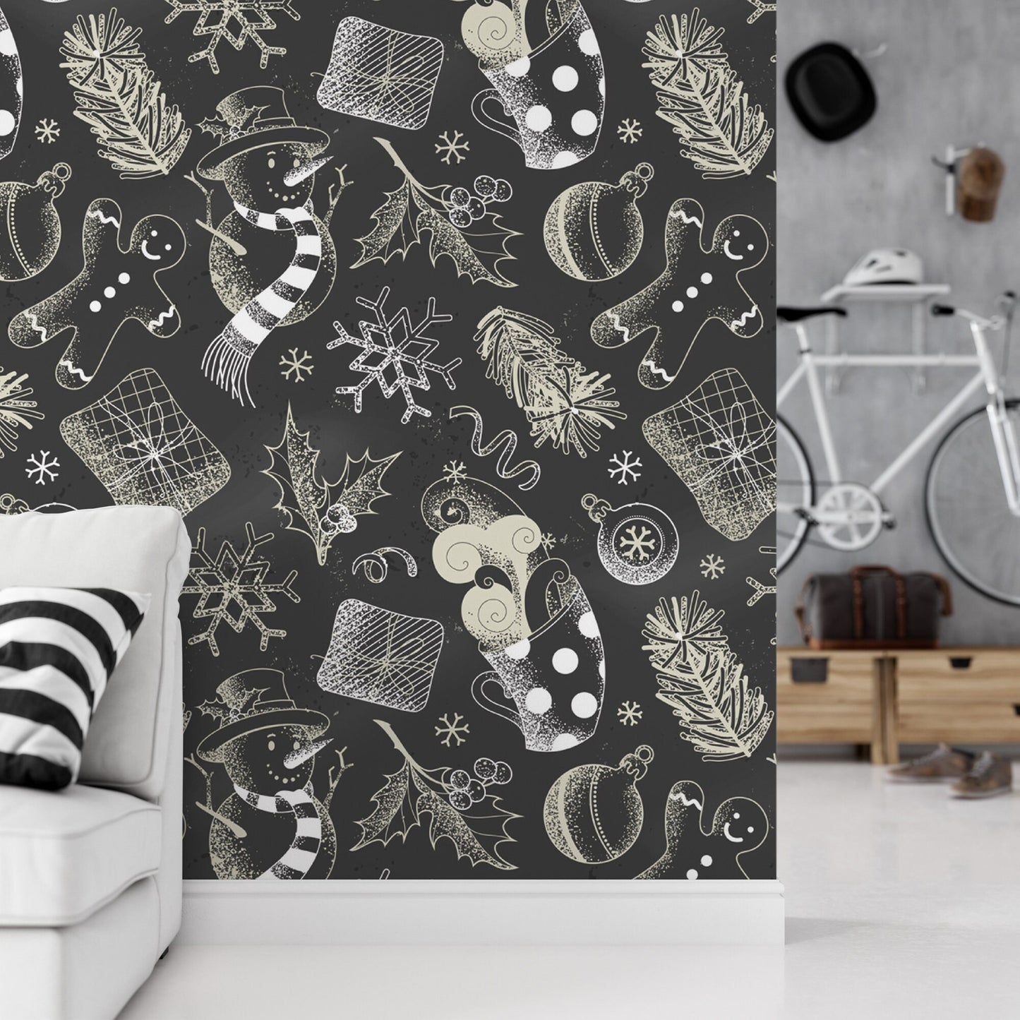 Black and White Christmas Chalkboard Removable Wallpaper, Wall Art, Peel and Stick Wallpaper, Accent Holiday Wallpaper, MW1644