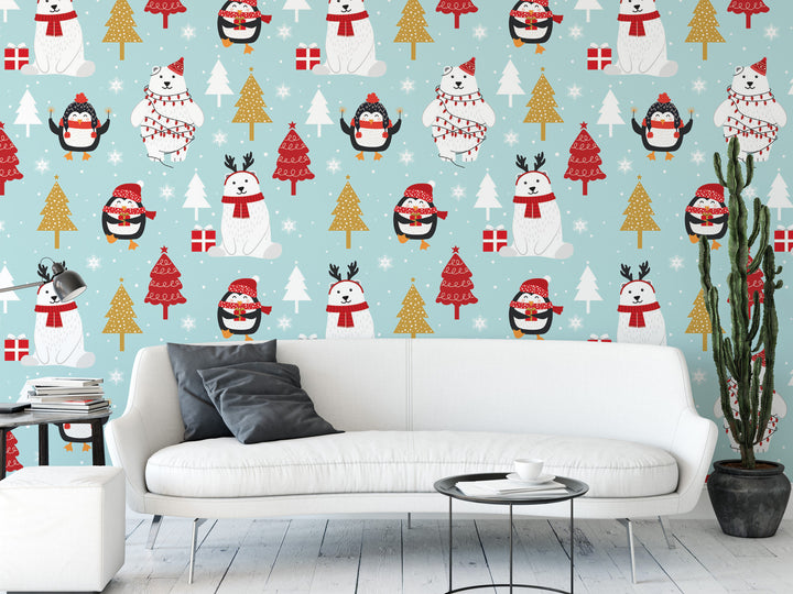 Polar Bears and Penguins Removable Wallpaper, Wall Art, Peel and Stick Wallpaper, Mural, Accent Wall Wallpaper, MW1662