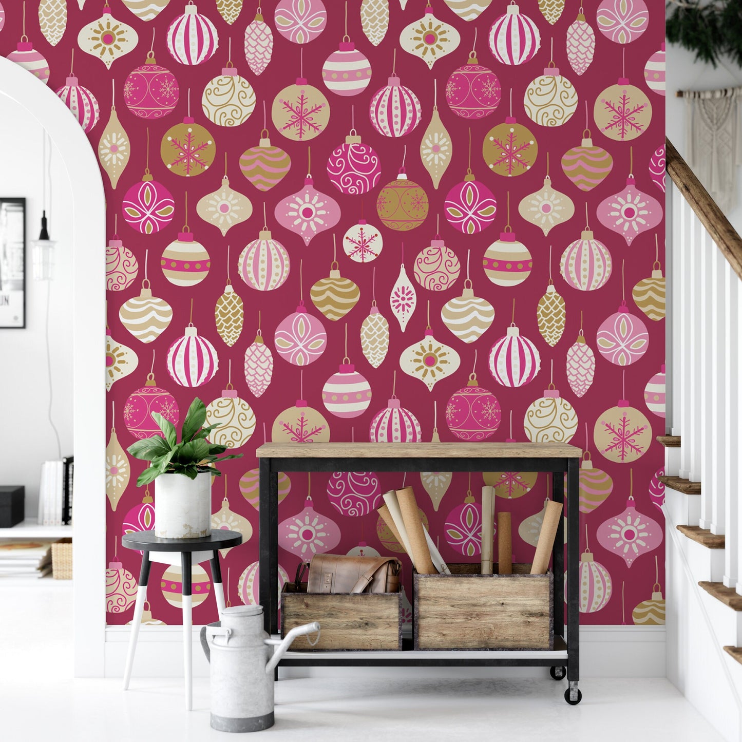 Pink Retro Ornaments Removable Wallpaper, Wall Art, Peel and Stick Wallpaper, Mural, Accent Holiday Wall, MW1667