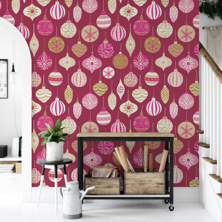 Pink Retro Ornaments Removable Wallpaper, Wall Art, Peel and Stick Wallpaper, Mural, Accent Holiday Wall, MW1667