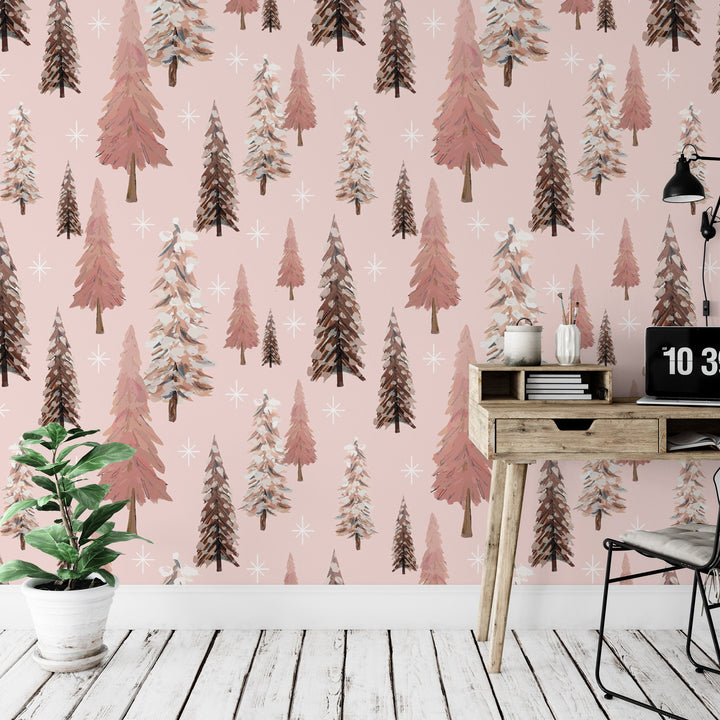 Sparkling Winter Forest, Pink Trees Removable Wallpaper, Wall Art, Peel and Stick Wallpaper, Holiday Wallpaper, Christmas, Accent, MW1674