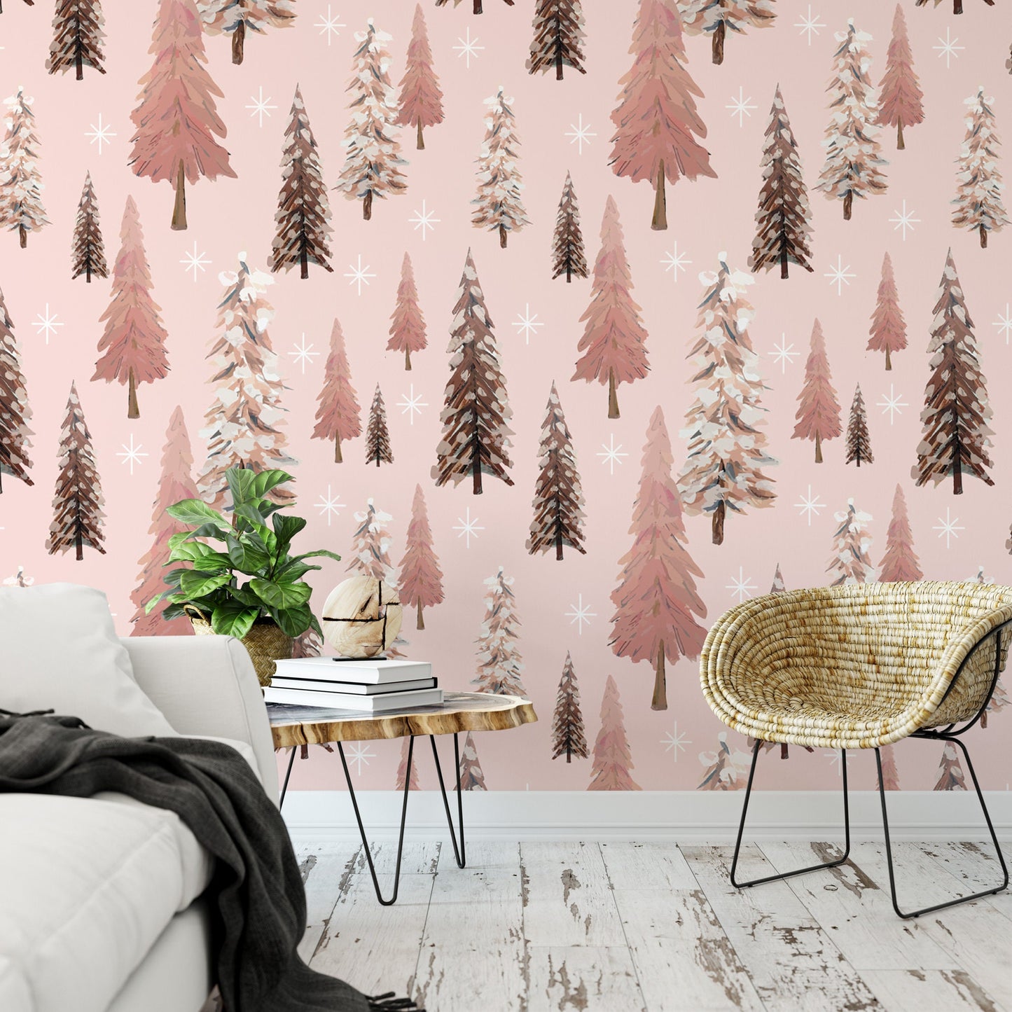 Sparkling Winter Forest, Pink Trees Removable Wallpaper, Wall Art, Peel and Stick Wallpaper, Holiday Wallpaper, Christmas, Accent, MW1674