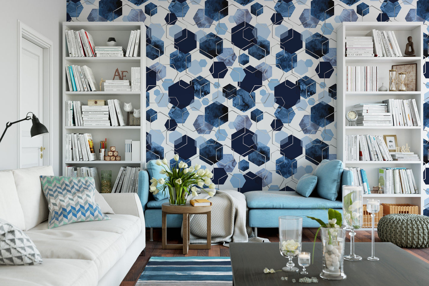 Blue Watercolor Hexagons Silver Lines Wallpaper MW1682