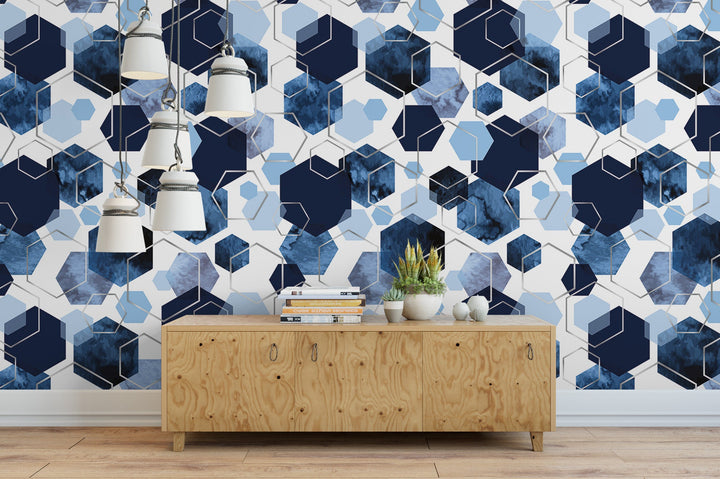 Blue Watercolor Hexagons Silver Lines Wallpaper MW1682