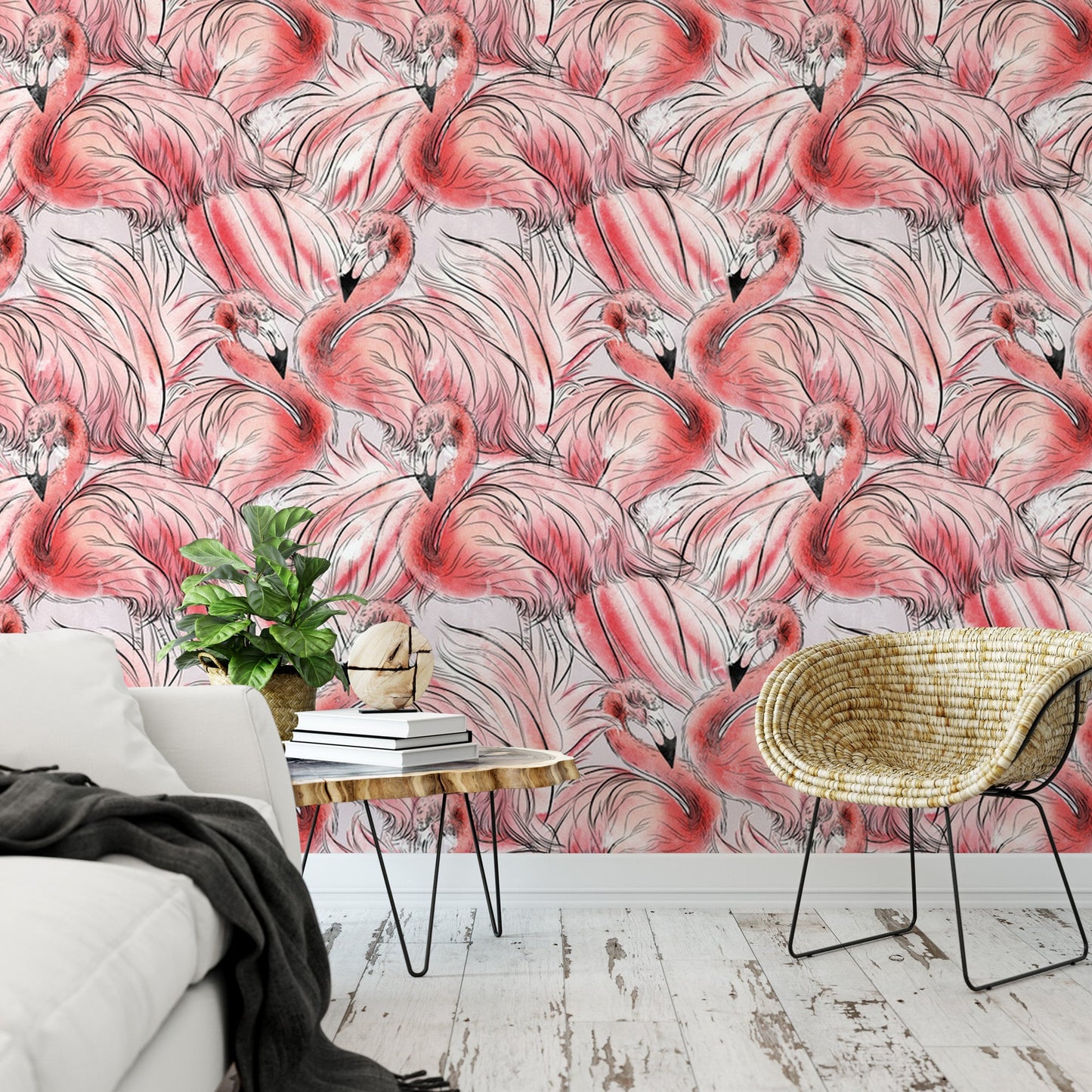 Fluffy Pink Flamingos Tropical Wallpaper MW1820