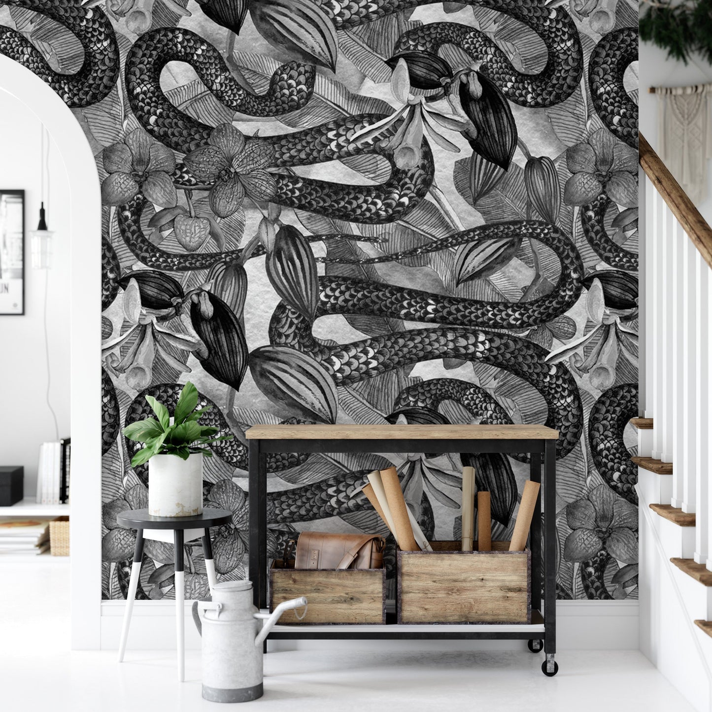 Black and White Flowers and Snake Reptile Wallpaper MW1811