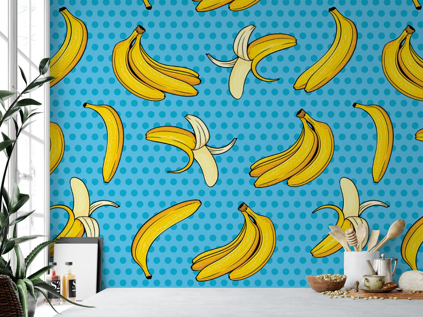 Pop Art Bananas on Turquoise Wallpaper MW1710