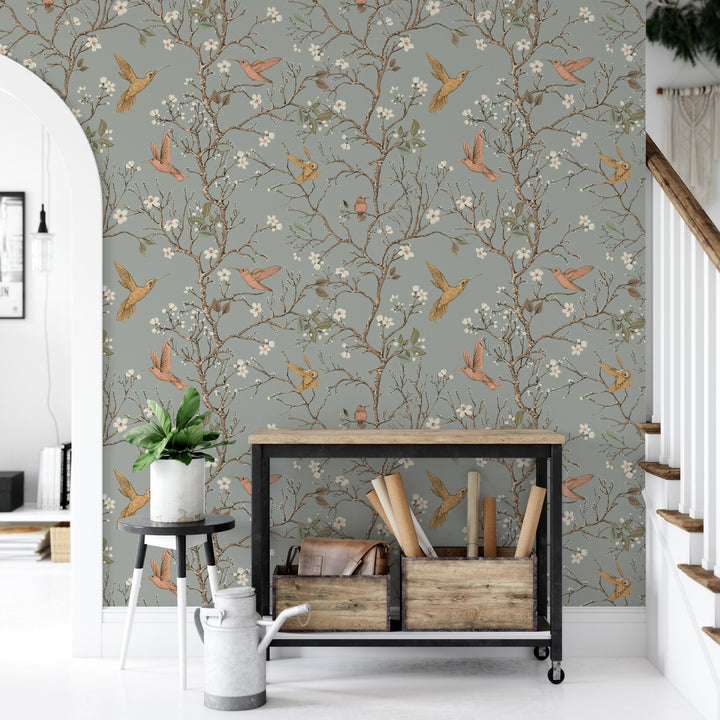 Retro Hummingbirds and Flowers Removable Wallpaper, Wall Art, Peel and Stick Wallpaper, Wall Mural, Nursery, Accent Wall, MW1873