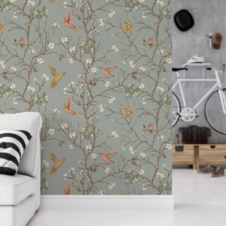 Retro Hummingbirds and Flowers Removable Wallpaper, Wall Art, Peel and Stick Wallpaper, Wall Mural, Nursery, Accent Wall, MW1873