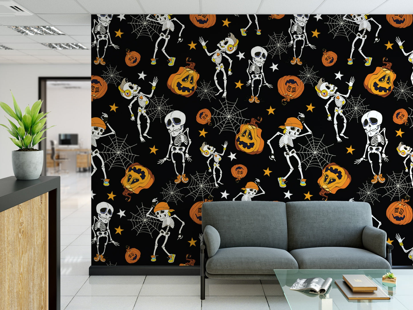 Halloween Dancing Skeletons and Pumpkins Removable Wallpaper, Wall Art, Peel and Stick Wallpaper, Fall Wallpaper, Accent Wall, MW1916