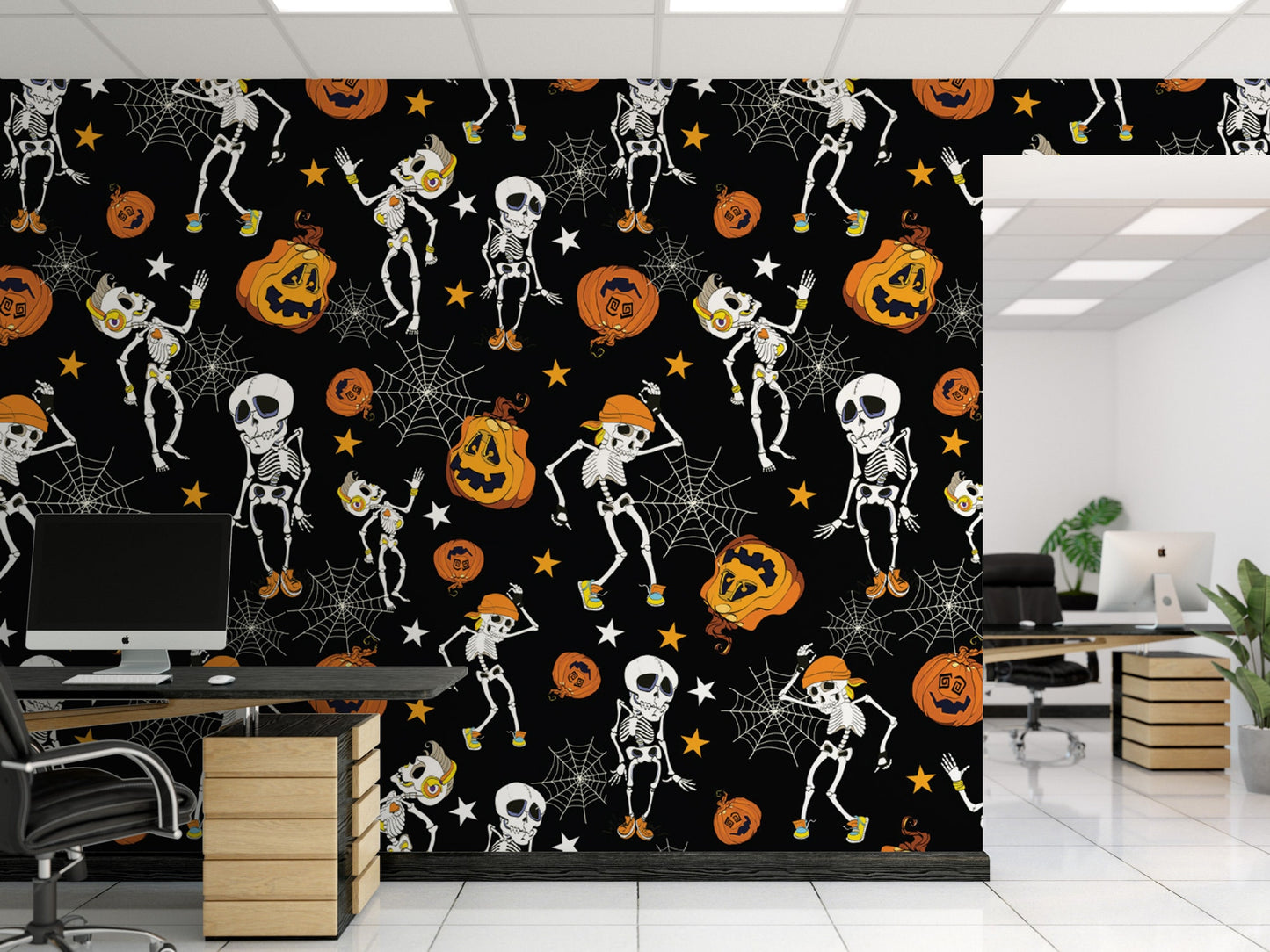 Halloween Dancing Skeletons and Pumpkins Removable Wallpaper, Wall Art, Peel and Stick Wallpaper, Fall Wallpaper, Accent Wall, MW1916