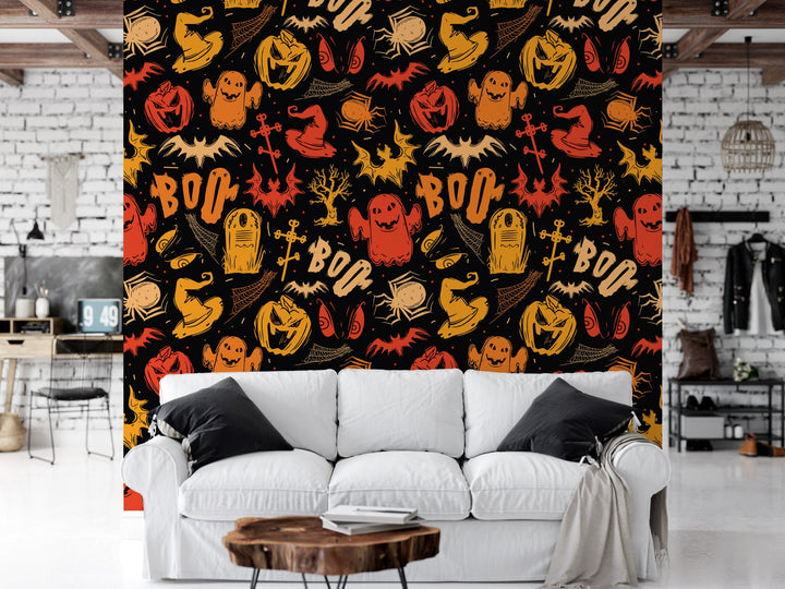 Scary Halloween Trick or Treat, Removable Wallpaper, Peel and Stick Wallpaper, Mural, Halloween, Fall Wallpaper, Accent Wall, MW1922