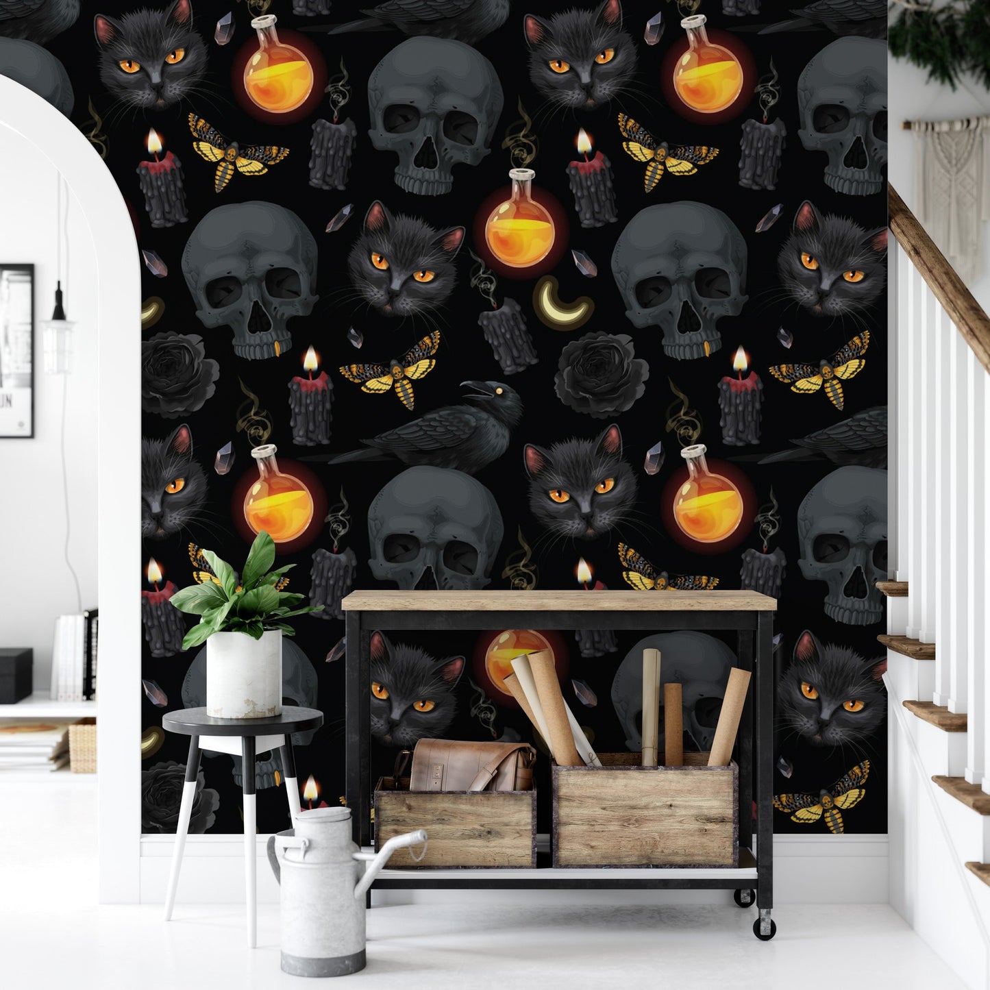 Raven and Skulls Temporary Removable Wallpaper, Wall Art, Peel and Stick Wallpaper, Mural, Fall Wallpaper, Accent Wall, MW1914