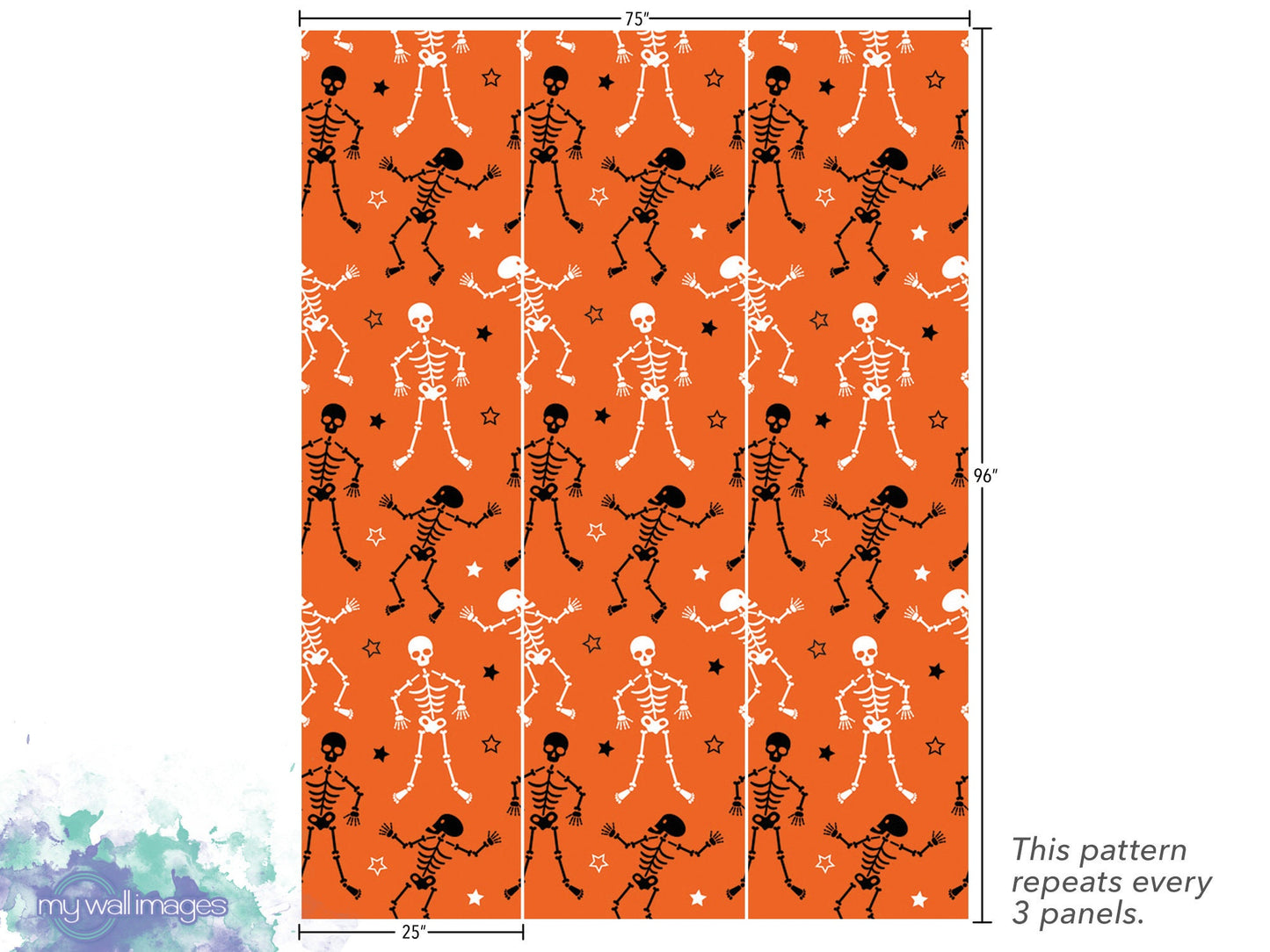 Skeletons on Orange Halloween Removable Wallpaper, Wall Art, Peel and Stick Wallpaper, Mural, Fall Wallpaper, Accent Wall, MW1915