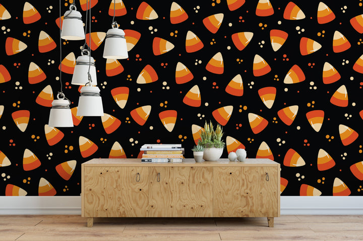 Candy Corn on Black Halloween, Removable Wallpaper, Wall Art, Peel and Stick Wallpaper, Mural, Fall Wallpaper, Accent Wall, Halloween MW1919