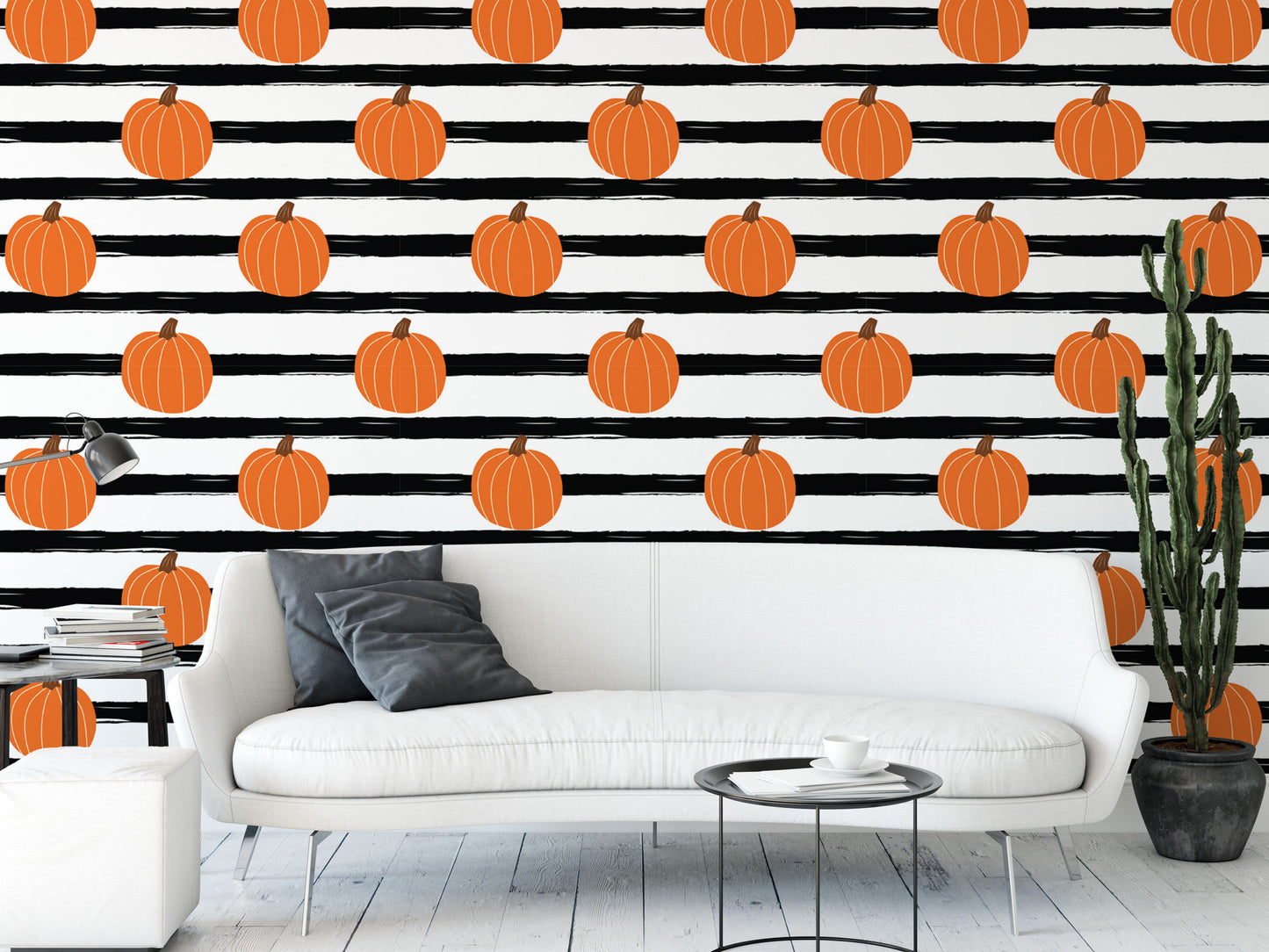 Pumpkins on Black and White Stripes, Removable Wallpaper, Peel and Stick Wallpaper, Mural, Fall Wallpaper, Accent Wall, Halloween, MW1930