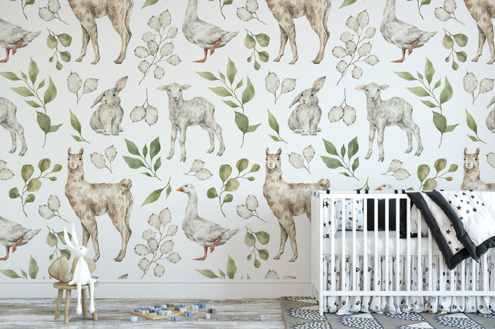 Llama, Goose, Sheep, and Rabbit Animals Removable Wallpaper MW1957