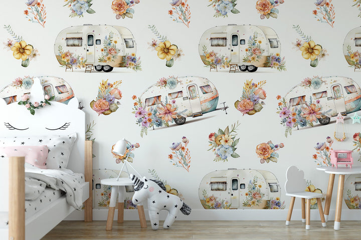 Boho Floral Camper Van, Girls Room Wallpaper MW1958