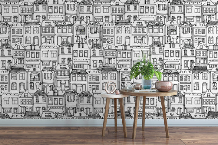 Modern Black and White House Sketches Wallpaper MW1472