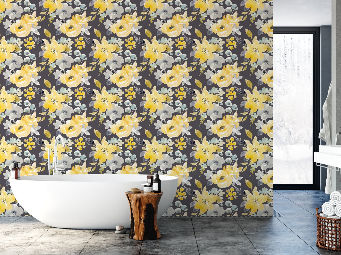 Watercolor Gray & Yellow Floral Wallpaper MW1042sm