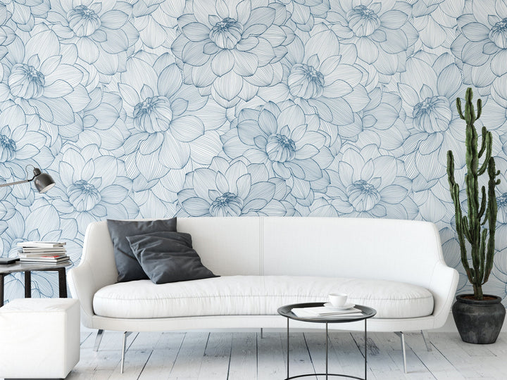 Blue Dahlia Blue and White Floral Wallpaper MW1212