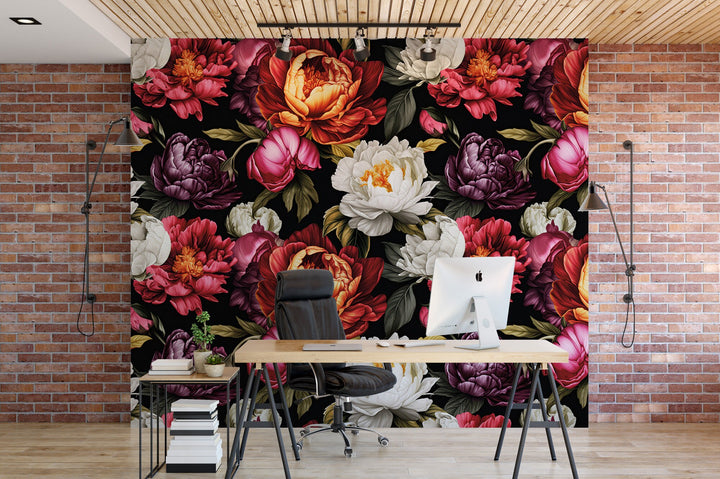 Bold Floral Peonies on Black Wallpaper MW1949