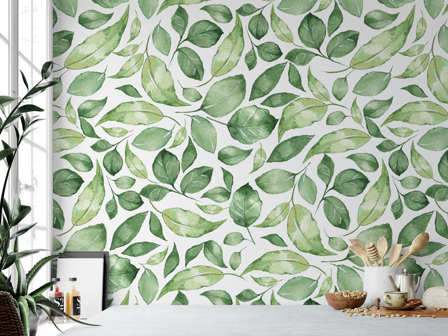 Watercolor Green Leaves Wallpaper MW1068