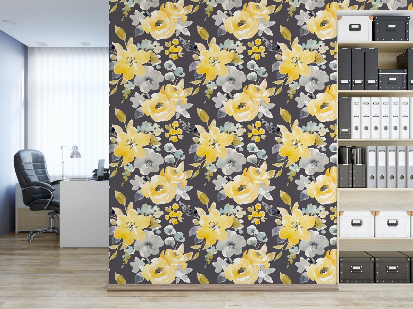 Watercolor Gray & Yellow Floral Wallpaper MW1042sm