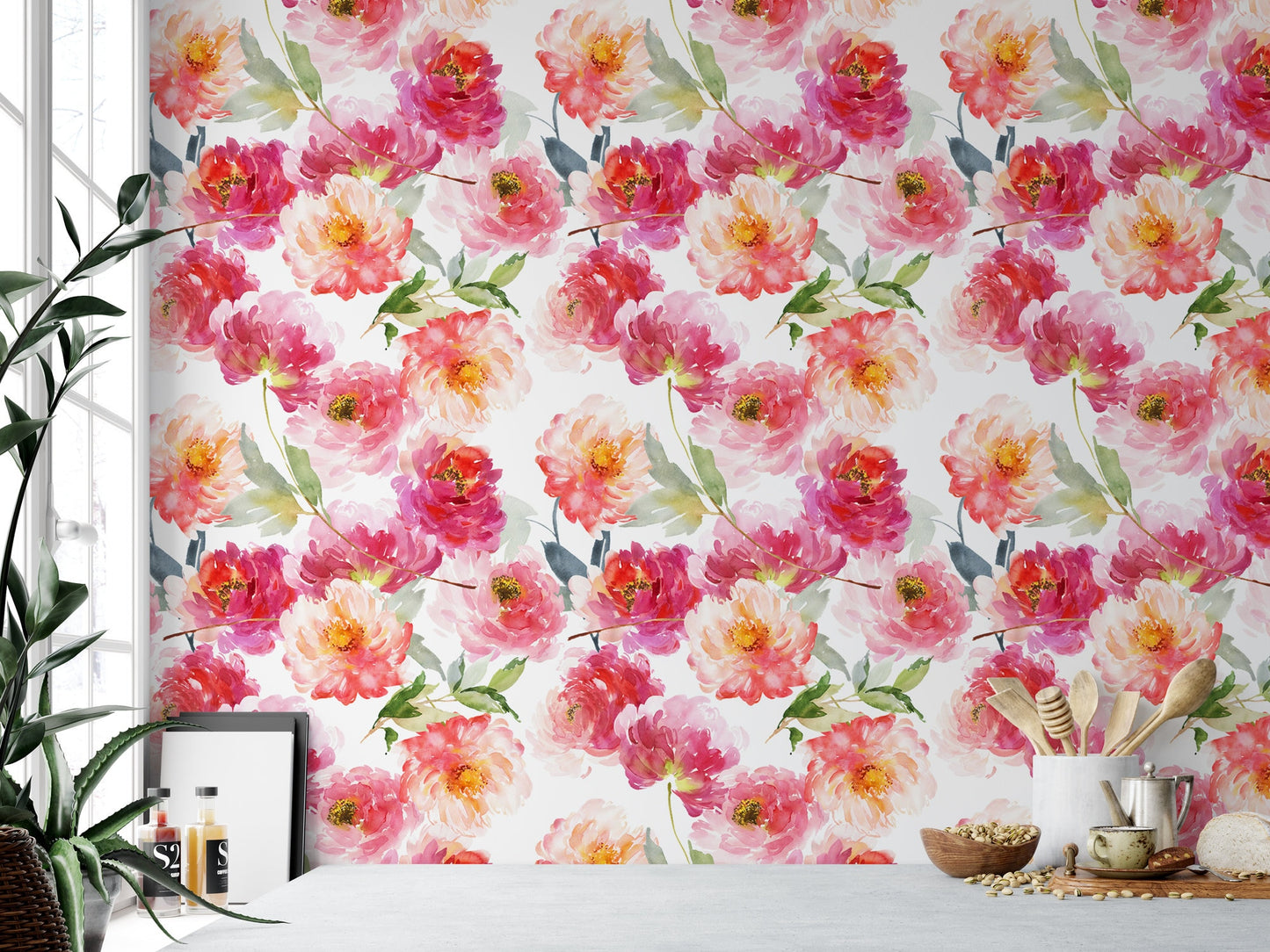 Blushing Pink Orange Floral Wallpaper MW1128sm