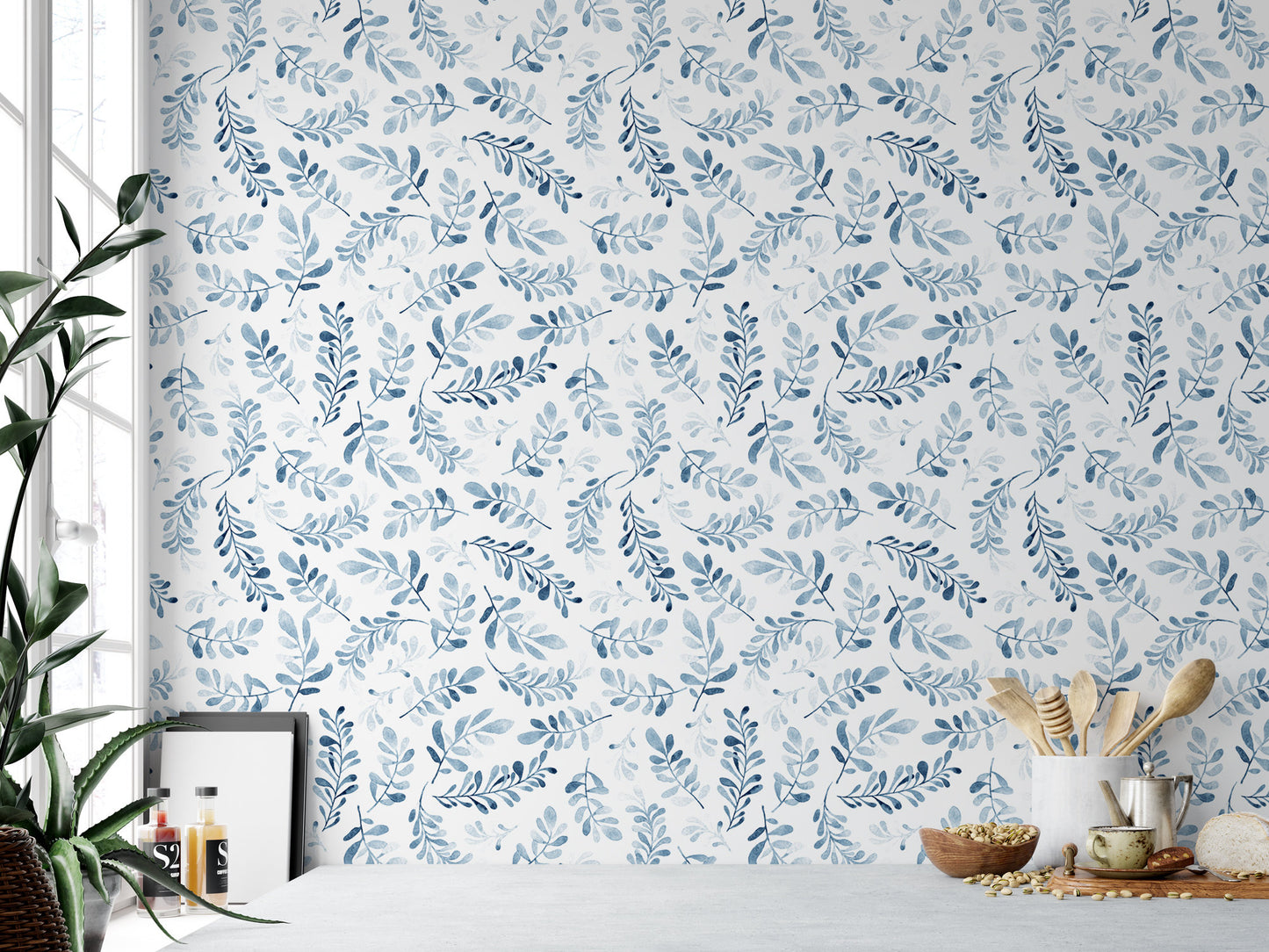 Blue Branches on White Wallpaper MW1213sm