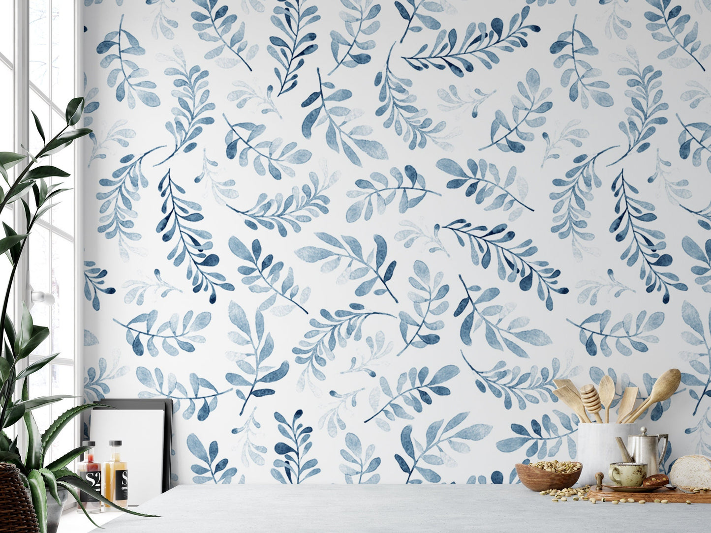 Blue Branches on White Wallpaper MW1213