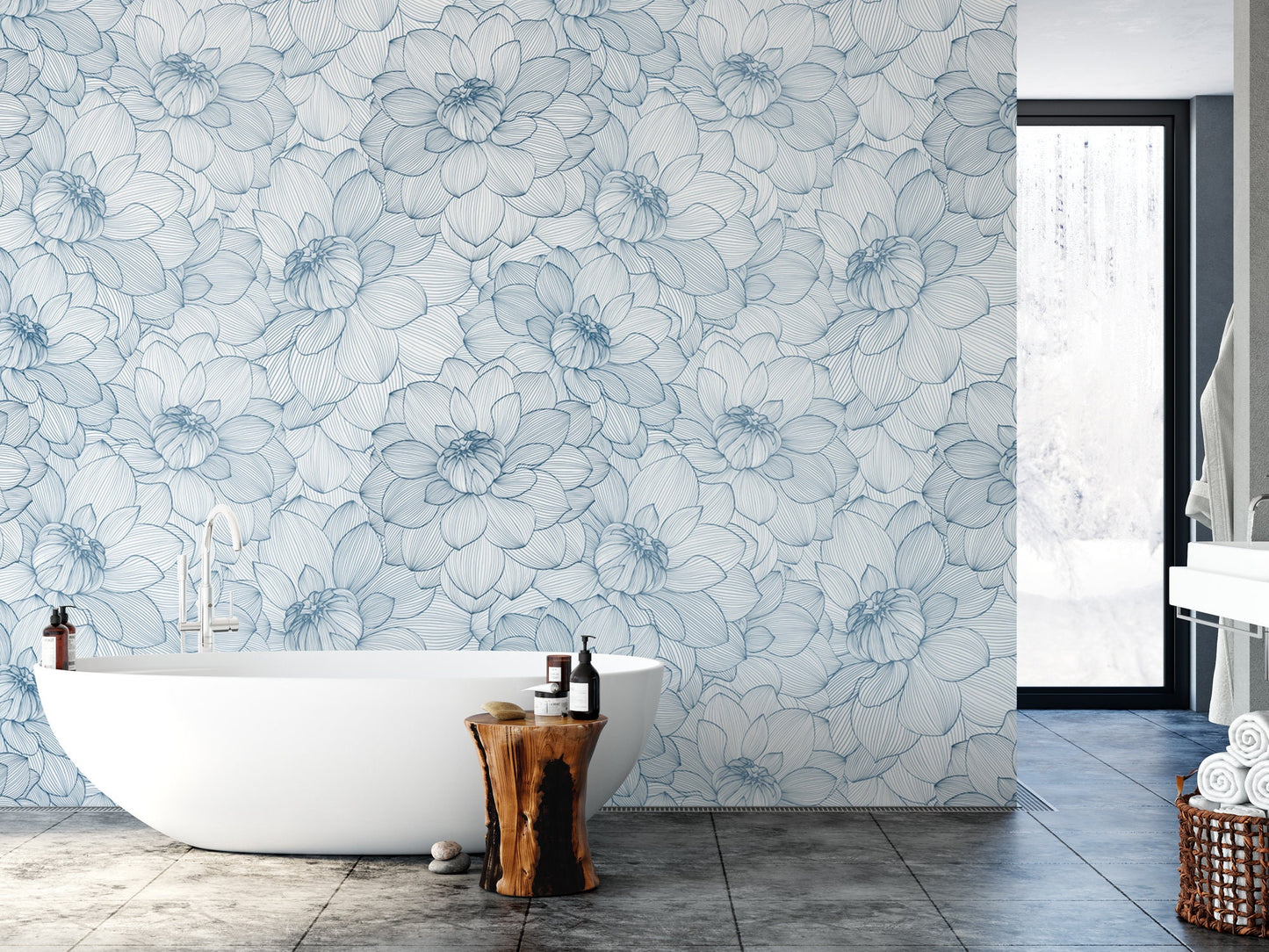 Blue Dahlia Blue and White Floral Wallpaper MW1212