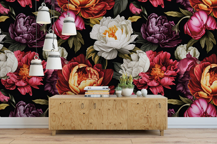 Bold Floral Peonies on Black Wallpaper MW1949