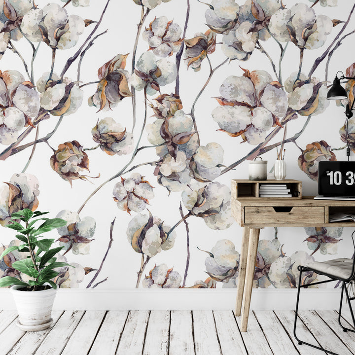 Cotton Flowers Vines Natural Wallpaper MW1803