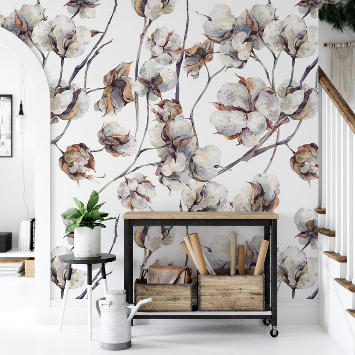 Cotton Flowers Vines Natural Wallpaper MW1803