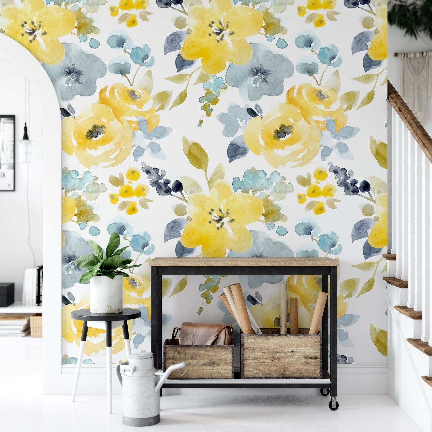 Watercolor Yellow Blue Floral Wallpaper MW1041