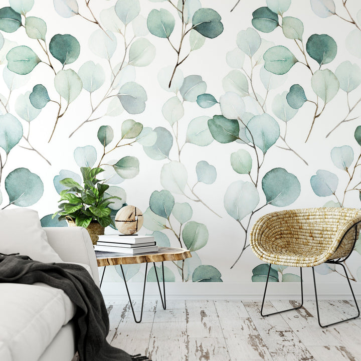 Eucalyptus Watercolor Leaves, Soft Green Wallpaper MW1628lg