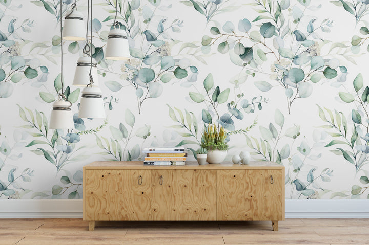 Green Leaves on White Wallpaper MW1461