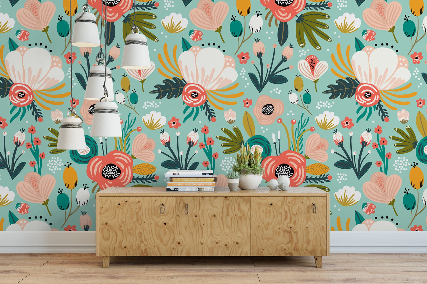 Large Peach and Teal Floral Wallpaper MW1216