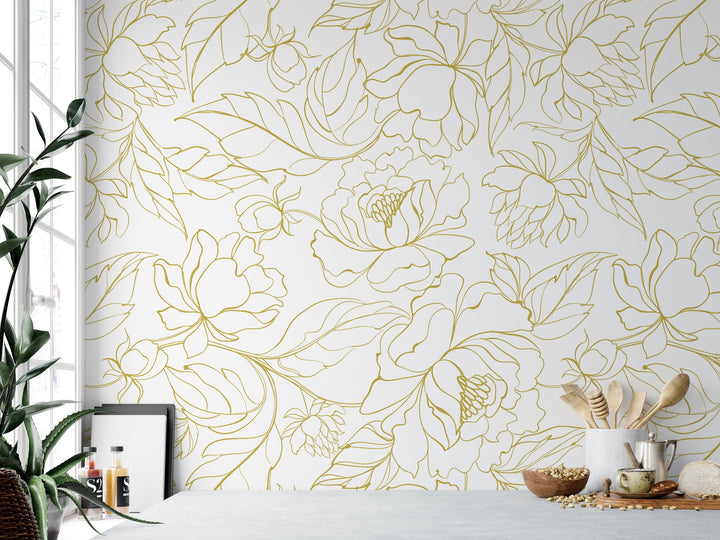 Modern White & Gold Floral Minimalist Wallpaper MW1452