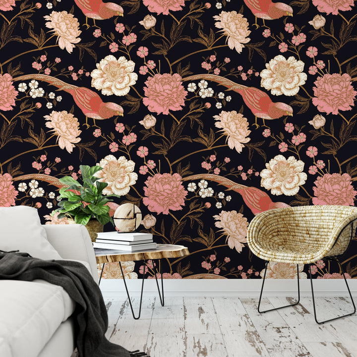 Pheasants Peonies on Black Wallpaper MW1474