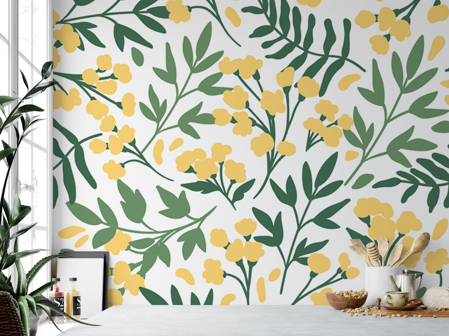 Yellow and Green Folk Art Floral Wallpaper MW1197