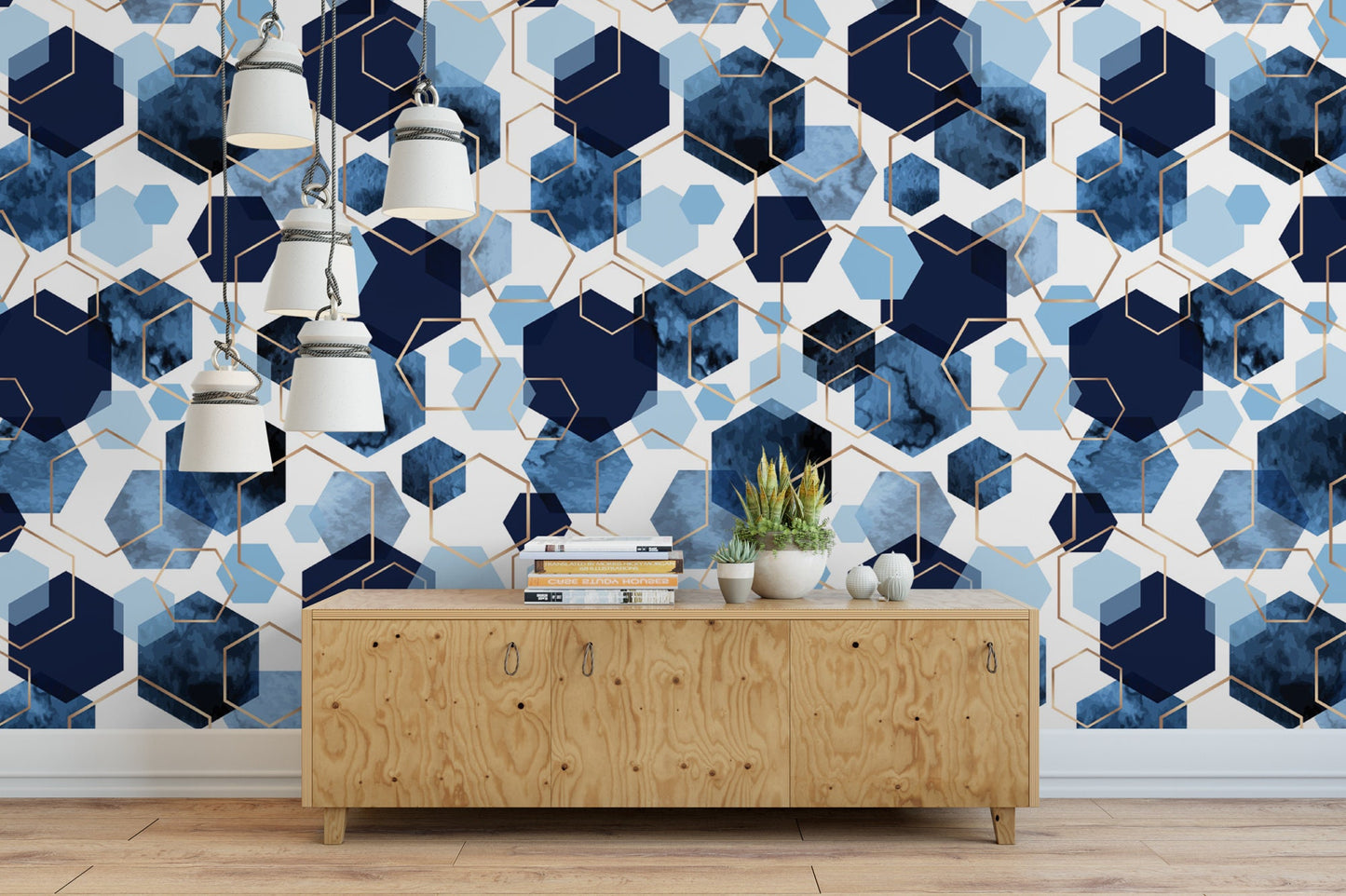 Blue Watercolor Hexagons Gold Lines Wallpaper MW1399